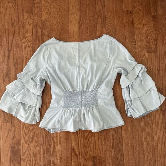 White House Black Market Bell Sleeve Blouse Womens Size 12 Denim Top Preppy Boho - Picture 5 of 14